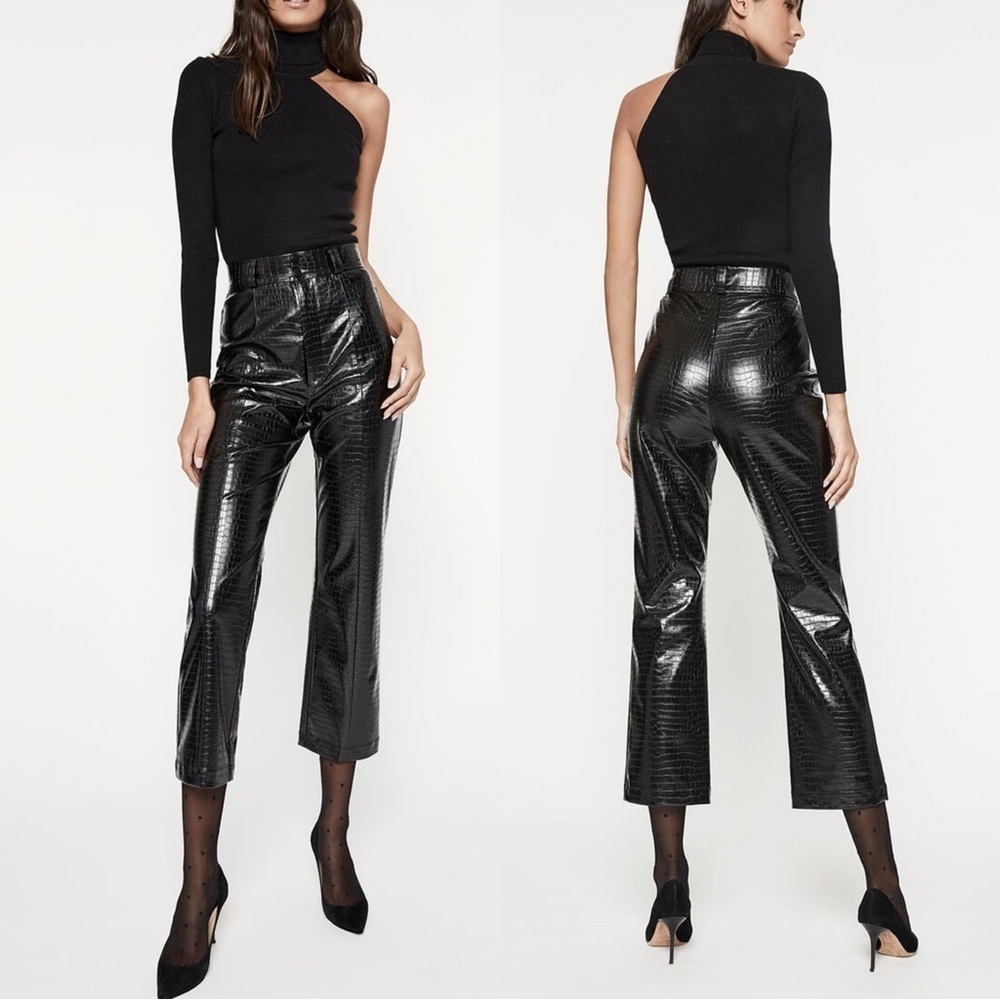 NEW Bardot Croc Boot Cut Cropped Vegan Leather Pant Croc Black
